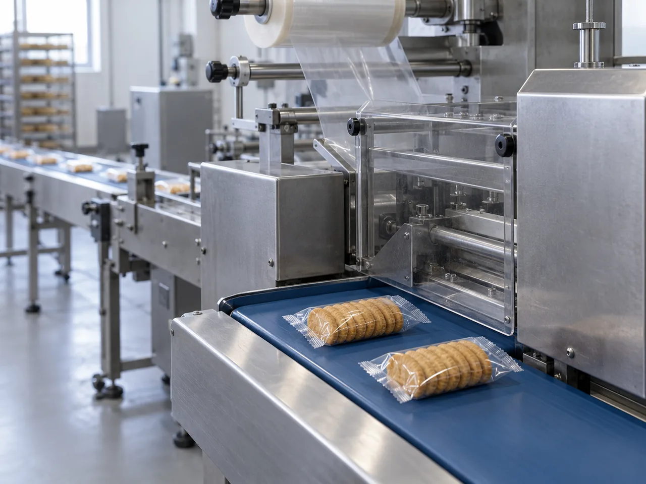 Transparent biscuit pillow packs on a blue outfeed conveyor beside a horizontal flow wrapper’s guarded sealing section