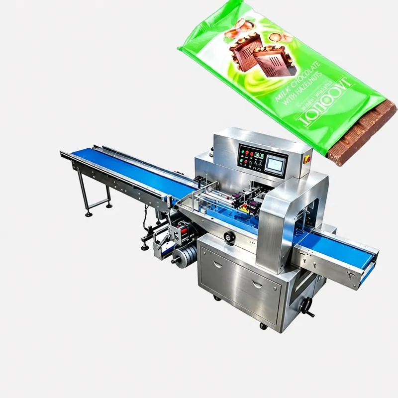 Flow wrapping machine shown with a wrapped chocolate bar