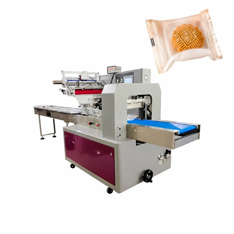 Horizontal pillow flow wrapping machine shown with a wrapped mooncake